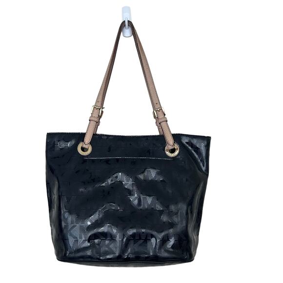Michael Kors Black Jet Set Patent Leather Monogram Tote Shoulder Bag - Picture 5 of 9